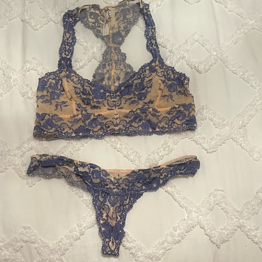 Free People Lace Bralette and Panty Set - Blue and Tan